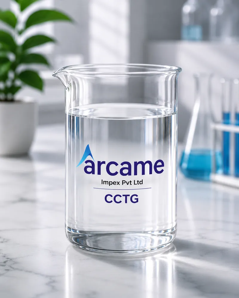 Caprylic capric triglyceride clear light oil in a laboratory beaker