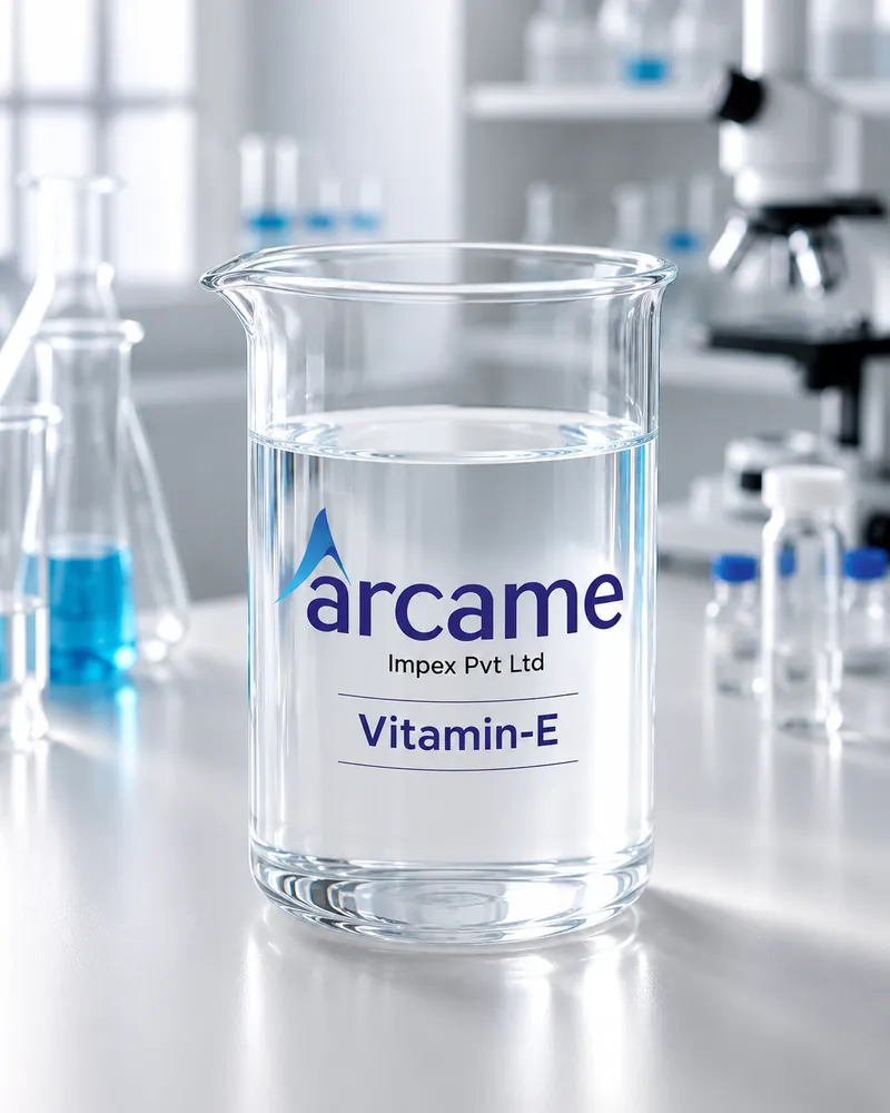 Vitamin E acetate pale golden oil in a laboratory beaker