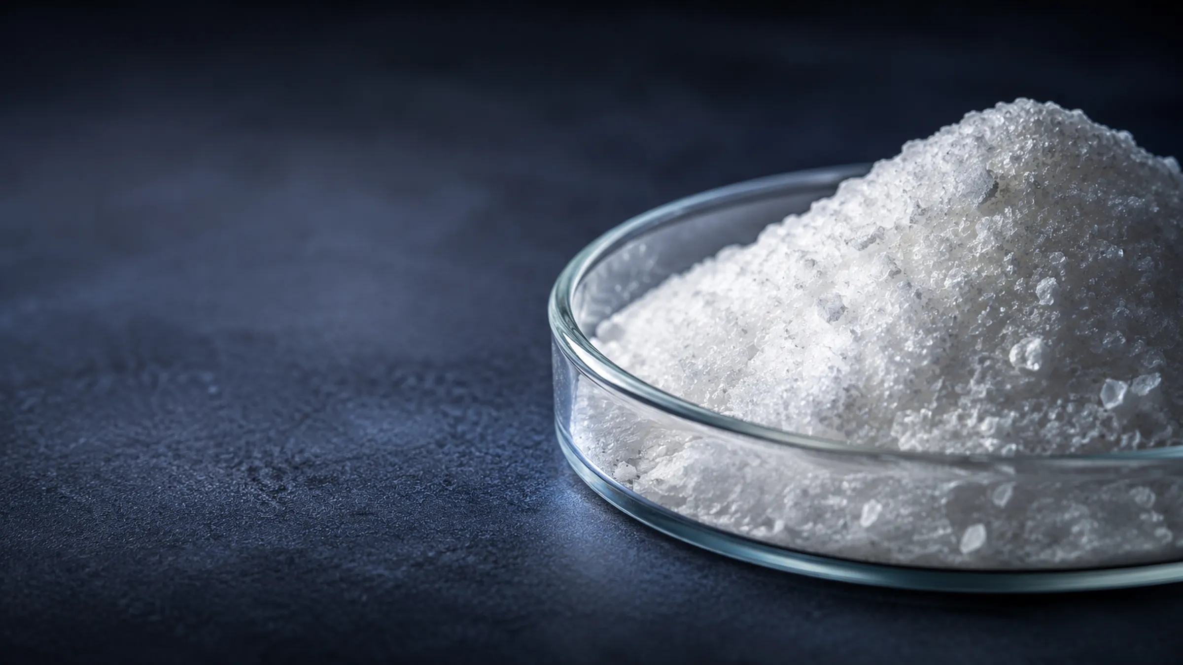 White crystalline cosmetic ingredient powder mounded in a glass petri dish