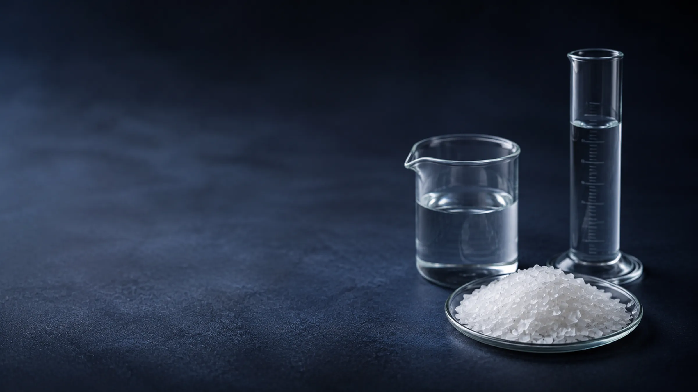 Laboratory glassware beside a dish of white crystalline ingredient