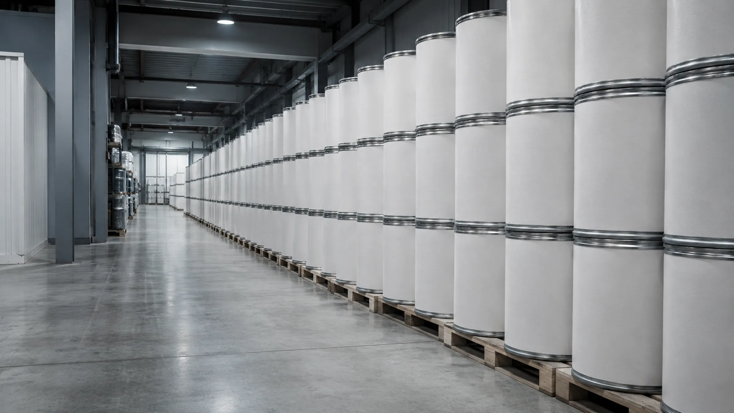 Rows of white fibre export drums stacked on pallets ready for international dispatch